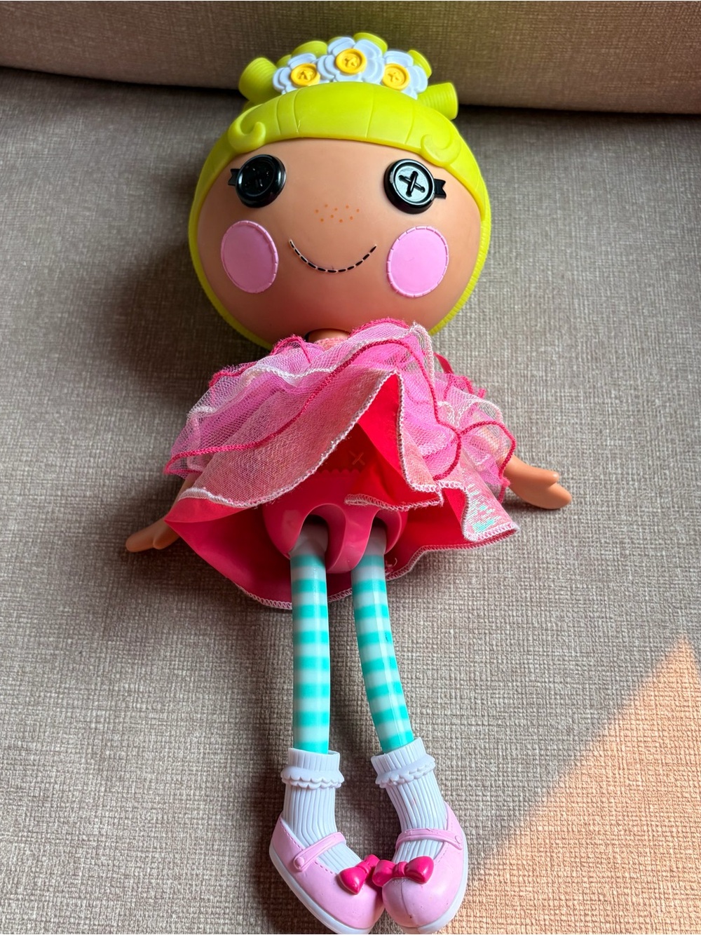 Lalaloopsy Bright Yellow-Head Pink Dress Plush Doll with Striped Teal Legs